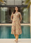 Woman in a floral dress standing by a pool with a modern building in the background, Khaki Floral Printed Roll Up Sleeves Kurta, Princess Cur Kurta, A-Line Kurta, Floral Print, Mandarin Collar kurta, printed kurta
