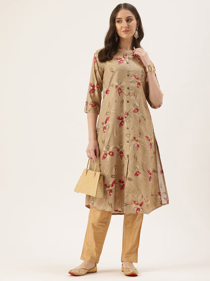 Woman in a floral dress standing by a pool with a modern building in the background, Khaki Floral Printed Roll Up Sleeves Kurta, Princess Cur Kurta, A-Line Kurta, Floral Print, Mandarin Collar kurta, printed kurta