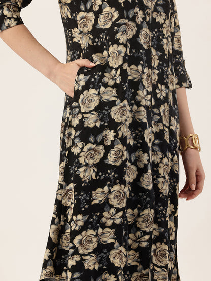 Blue Floral Printed A-Line Kurta