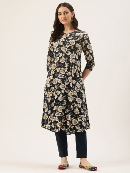 Blue Floral Printed A-Line Kurta