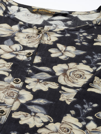 Blue Floral Printed A-Line Kurta