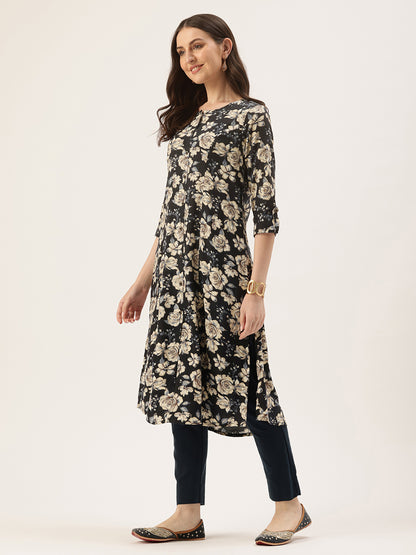 Blue Floral Printed A-Line Kurta