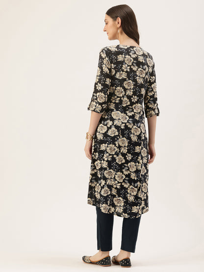 Blue Floral Printed A-Line Kurta