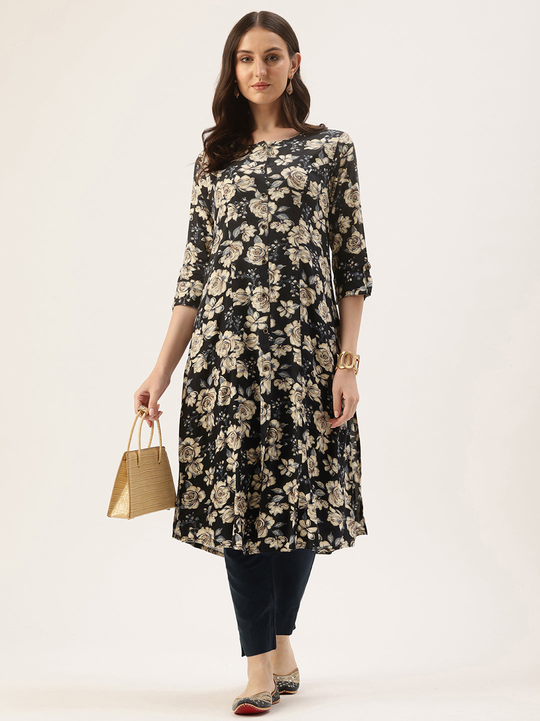 Blue Floral Printed A-Line Kurta
