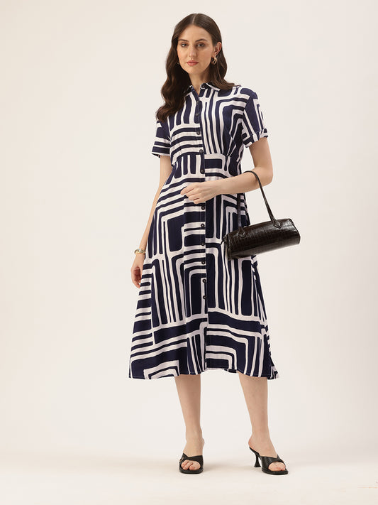 Blue Abstract Printed Shirt Midi Dress