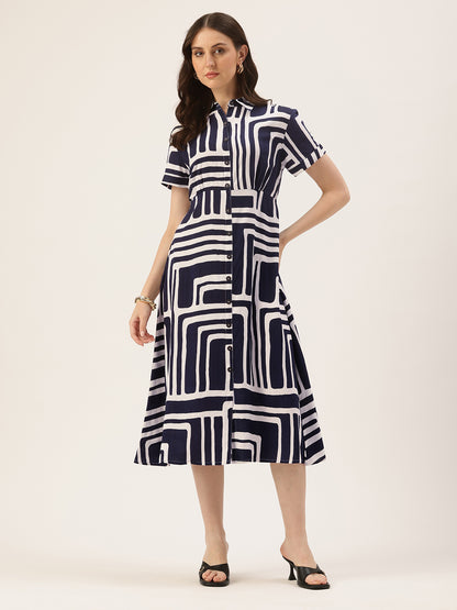 Blue Abstract Printed Shirt Midi Dress