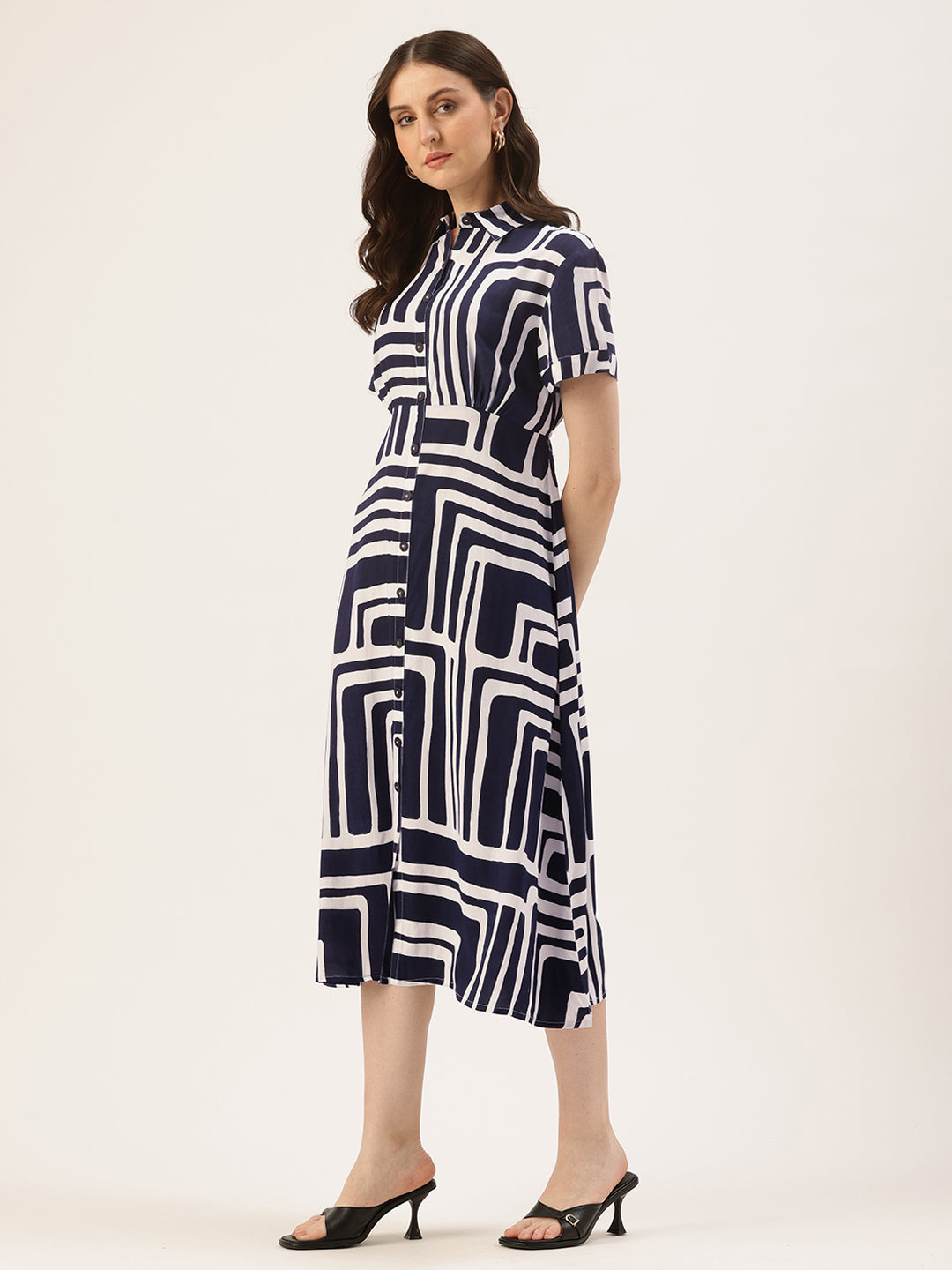 Blue Abstract Printed Shirt Midi Dress