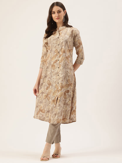 Grey Floral Printed Roll Up Sleeves Kurta