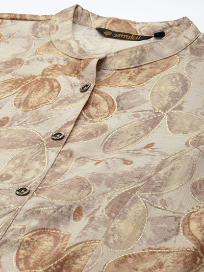Grey Floral Printed Roll Up Sleeves Kurta