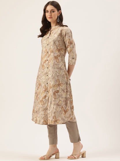 Grey Floral Printed Roll Up Sleeves Kurta