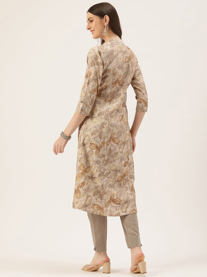 Grey Floral Printed Roll Up Sleeves Kurta