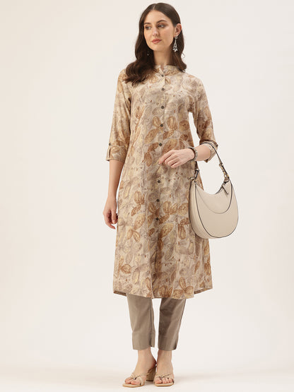 Grey Floral Printed Roll Up Sleeves Kurta