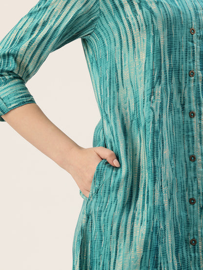 Blue Abstract Printed Roll Up Sleeves Kurta