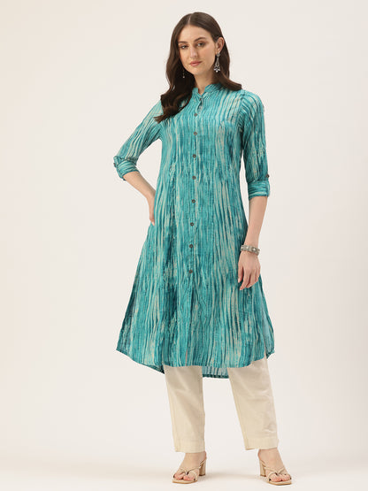 Blue Abstract Printed Roll Up Sleeves Kurta