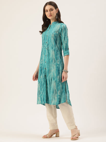 Blue Abstract Printed Roll Up Sleeves Kurta
