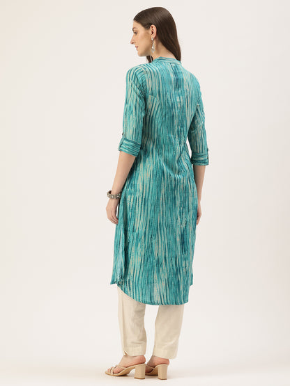 Blue Abstract Printed Roll Up Sleeves Kurta