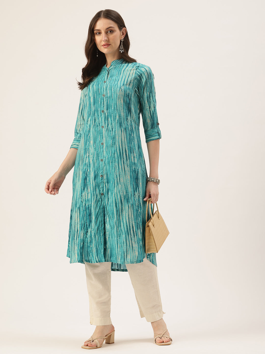 Blue Abstract Printed Roll Up Sleeves Kurta
