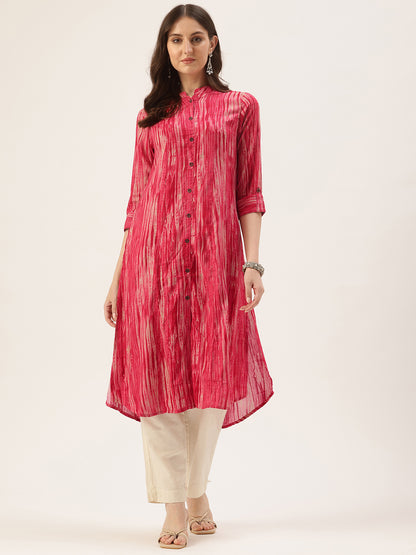 Pink Abstract Printed Roll Up Sleeves Kurta