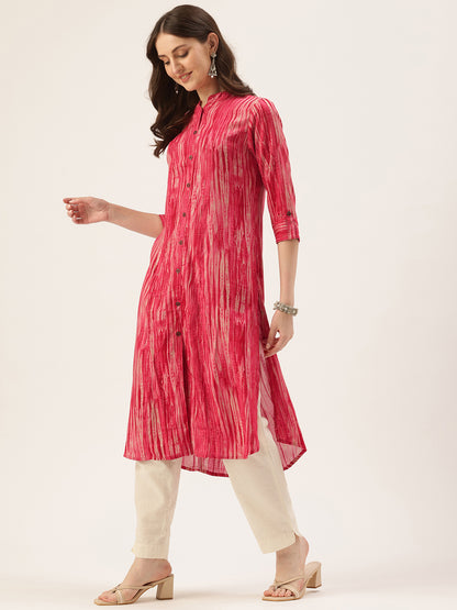 Pink Abstract Printed Roll Up Sleeves Kurta