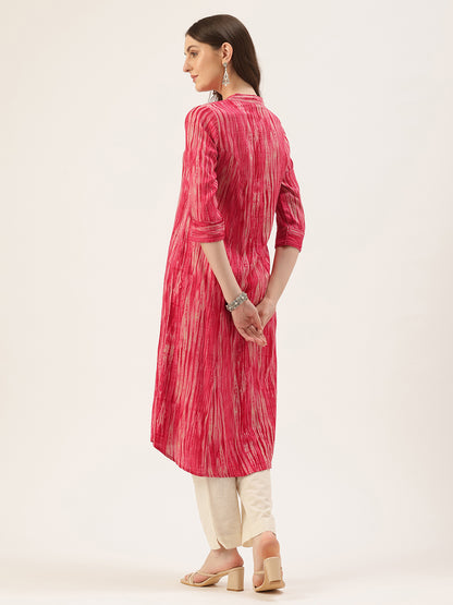Pink Abstract Printed Roll Up Sleeves Kurta