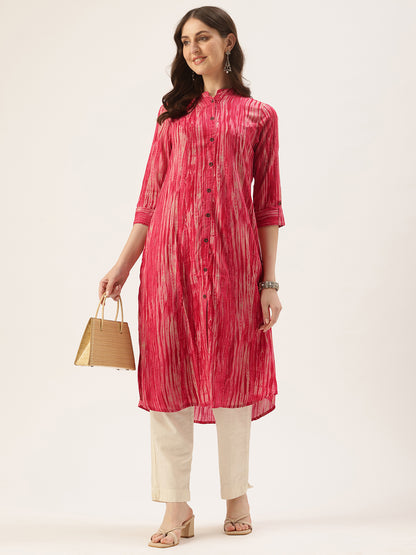 Pink Abstract Printed Roll Up Sleeves Kurta
