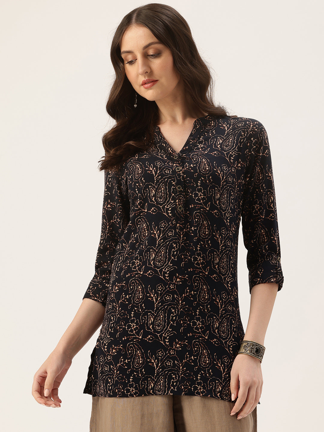 Blue Mandarin Collar Paisley Printed Tunic