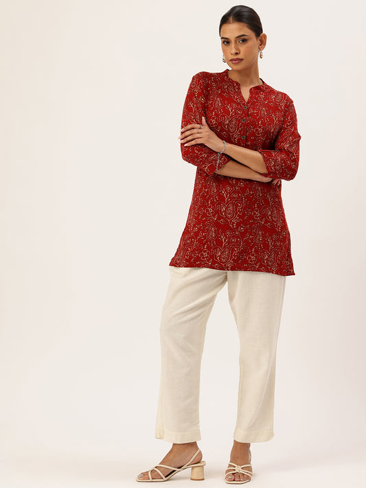 Red Paisley Printed Mandarin Collar Tunic
