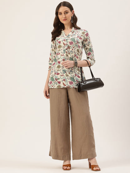 Off White Mandarin Collar Floral Printed Tunic