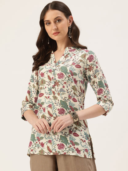 Off White Mandarin Collar Floral Printed Tunic