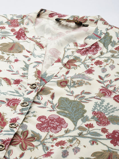 Off White Mandarin Collar Floral Printed Tunic