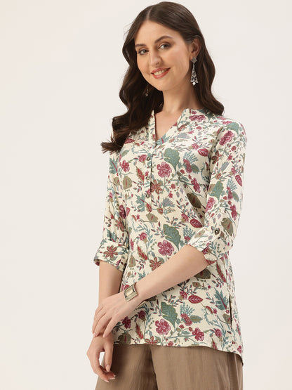 Off White Mandarin Collar Floral Printed Tunic