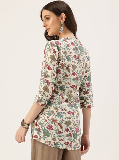 Off White Mandarin Collar Floral Printed Tunic