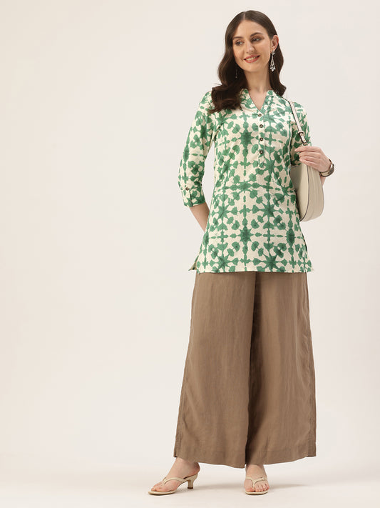 Green Mandarin Collar Ethnic Printed Linen Tunic