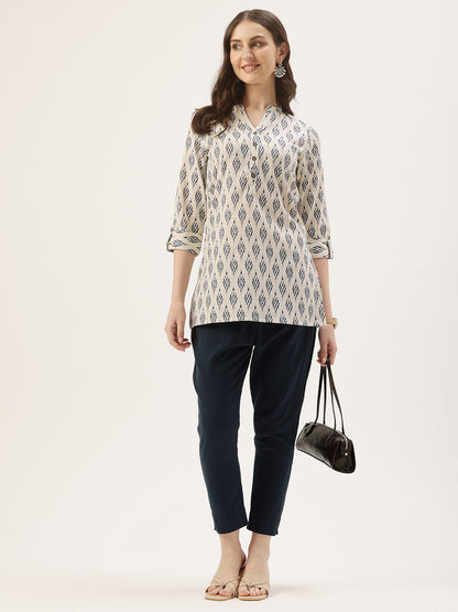 Blue Mandarin Collar Ethnic Printed Linen Tunic