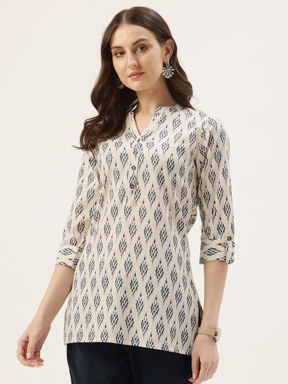 Blue Mandarin Collar Ethnic Printed Linen Tunic