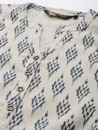 Blue Mandarin Collar Ethnic Printed Linen Tunic