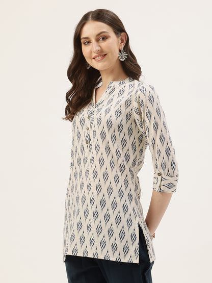 Blue Mandarin Collar Ethnic Printed Linen Tunic