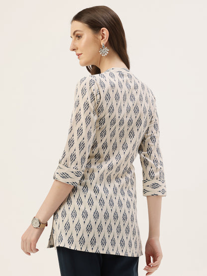 Blue Mandarin Collar Ethnic Printed Linen Tunic