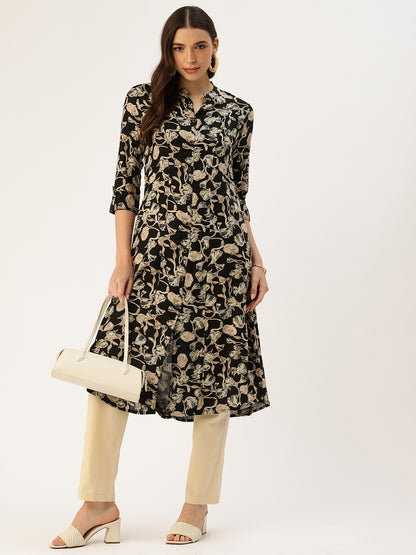 Black Floral Printed Mandarin Collar Kurta