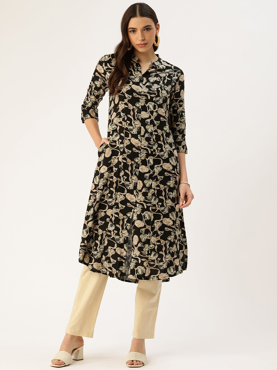 Black Floral Printed Mandarin Collar Kurta