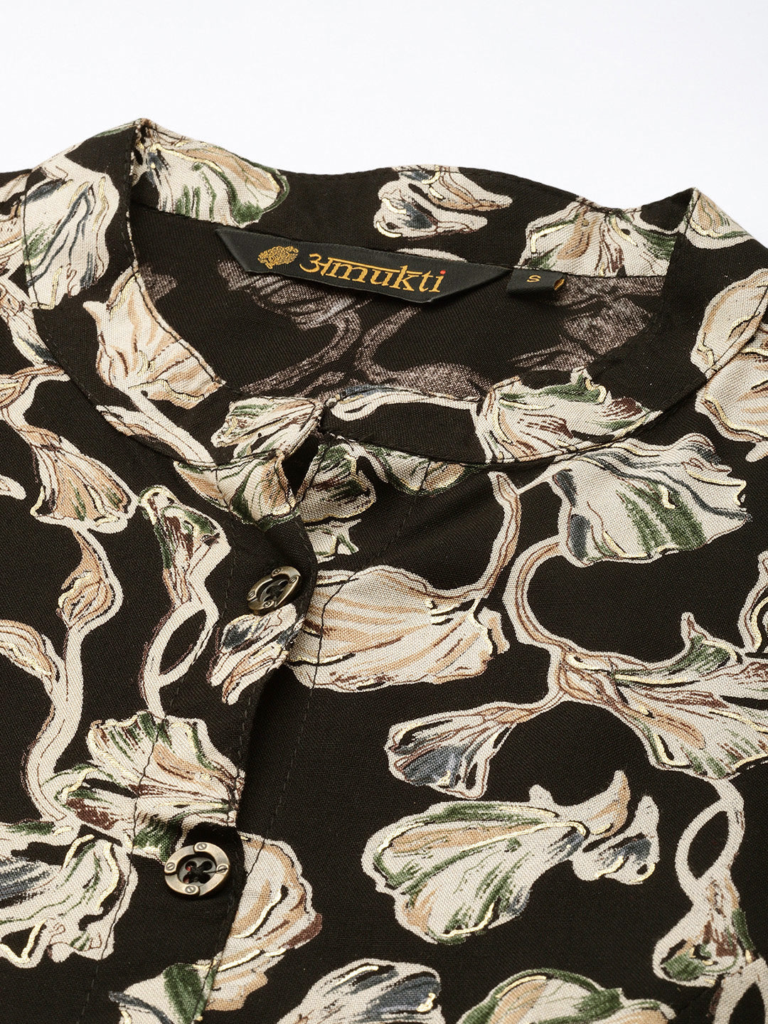 Black Floral Printed Mandarin Collar Kurta