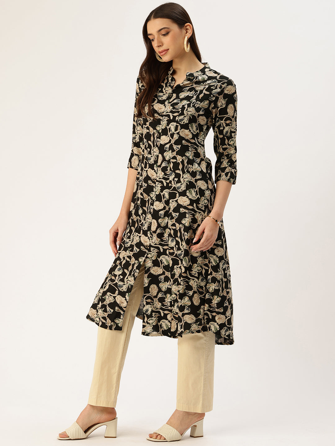 Black Floral Printed Mandarin Collar Kurta