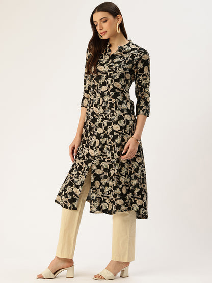 Black Floral Printed Mandarin Collar Kurta