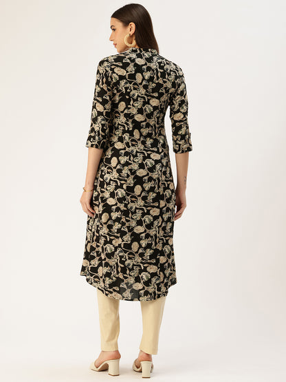 Black Floral Printed Mandarin Collar Kurta