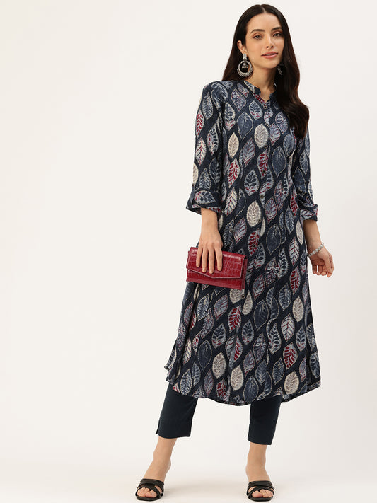 Blue Leaf Printed Mandarin Collar Kurta