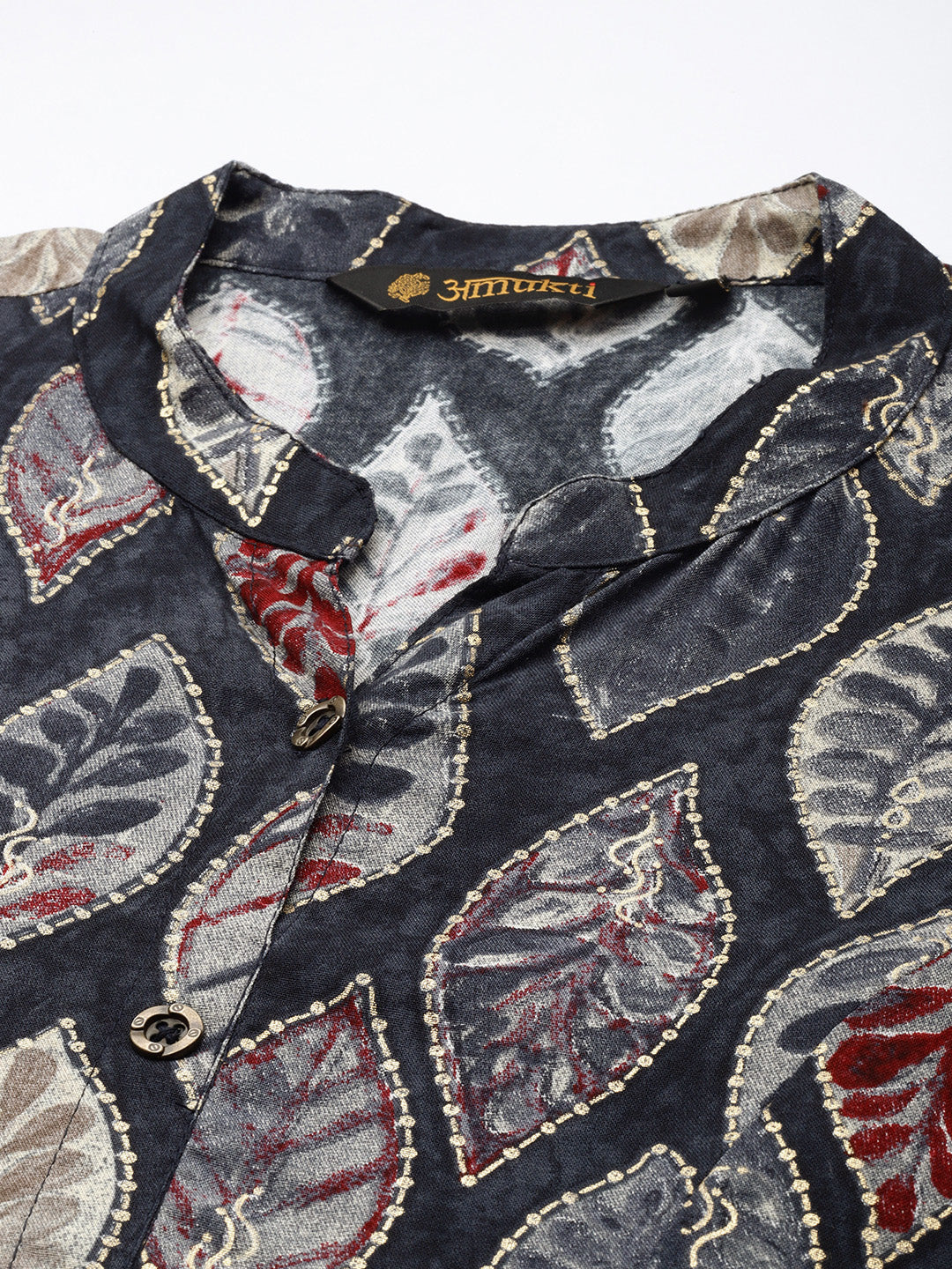 Blue Leaf Printed Mandarin Collar Kurta