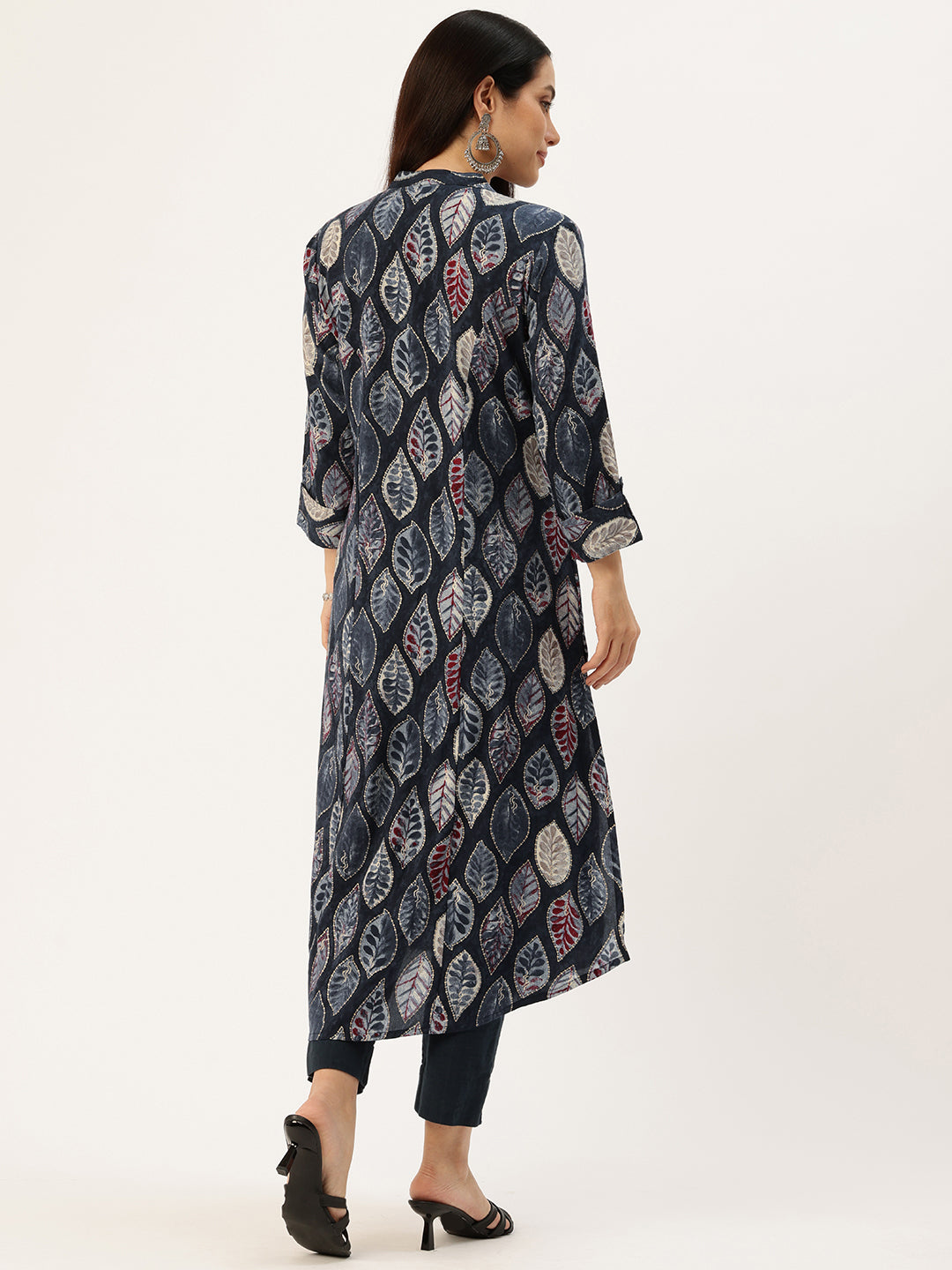 Blue Leaf Printed Mandarin Collar Kurta