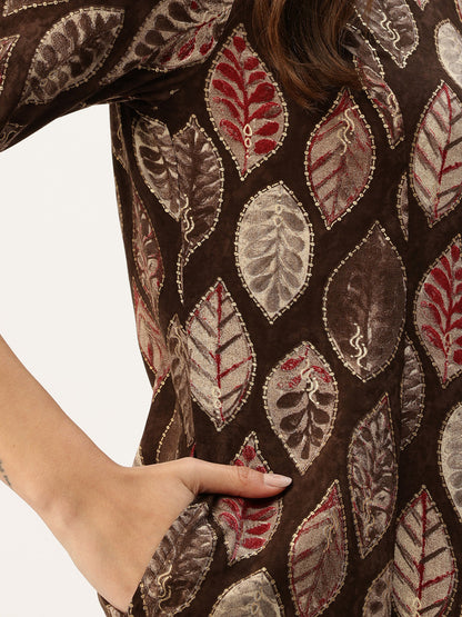 Brown Leaf Printed Mandarin Collar Kurta