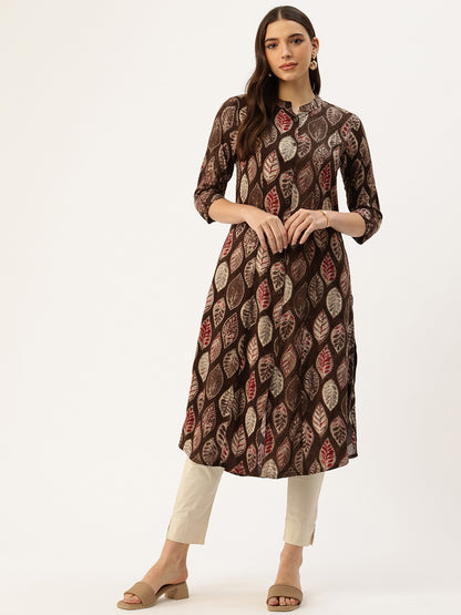 Brown Leaf Printed Mandarin Collar Kurta
