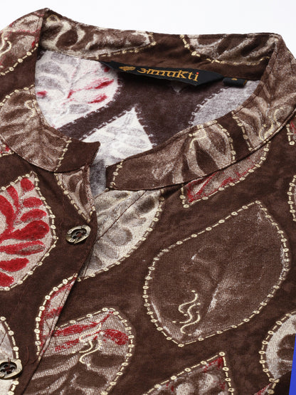 Brown Leaf Printed Mandarin Collar Kurta